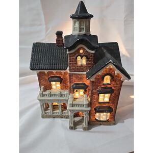 Vtg Dickens Keepsake Porcelain Red Brick Lighted House O’Well Balcony Turret Box